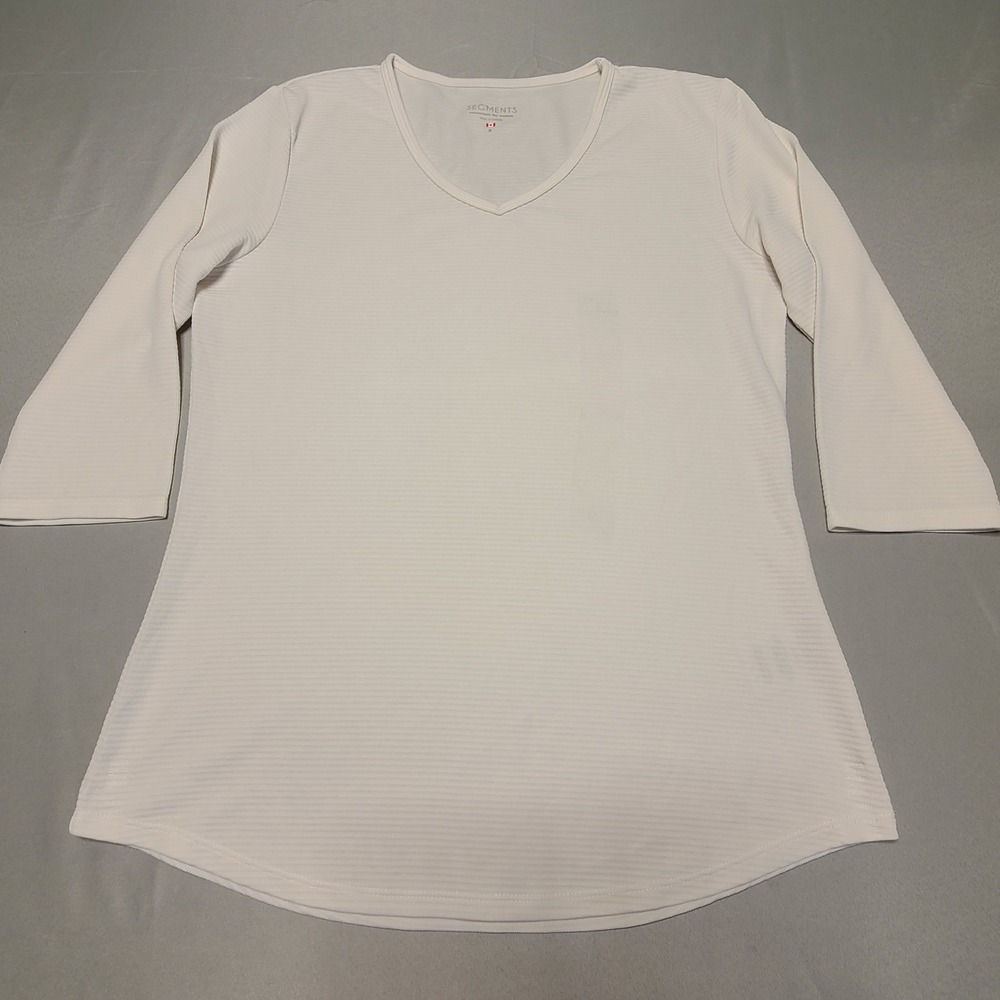 SEG'MENTS V-Neck Top Womens‎ Small White 3/4 Sleeve Ribbed Tencel Modal 1389475